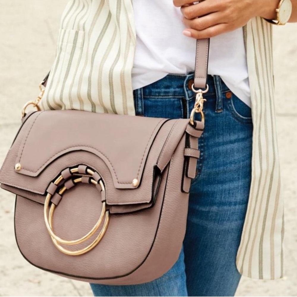 Poppy & Peonies Taupe Crossbody Bag with Gold Accents